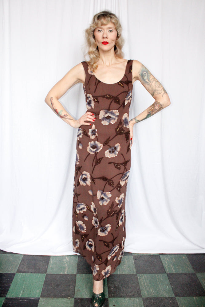 1990s Brown Silk Floral Beaded Low Back Gown - Small