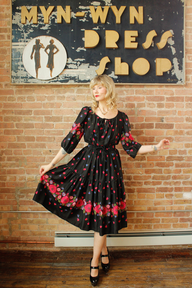 1950s Silk Floral Tiered Skirt Dress - Small