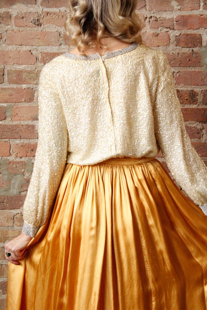 1960s Sequin & Beaded Rayon Top - Medium  & 1940s Hand Made Gold Maxi Skirt - 28" Waist
