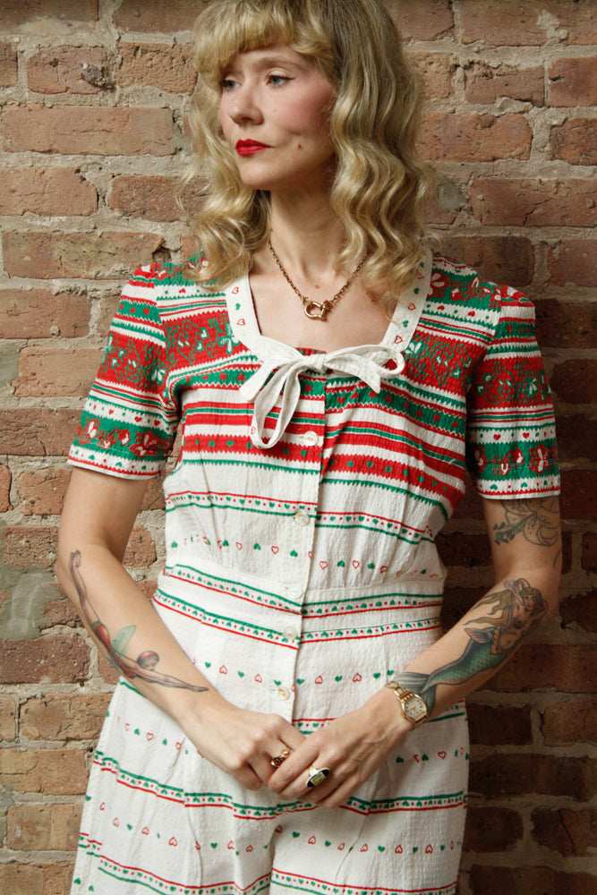 1940s Seersucker Cotton Folk Print Playsuit and Skirt Set - M/L