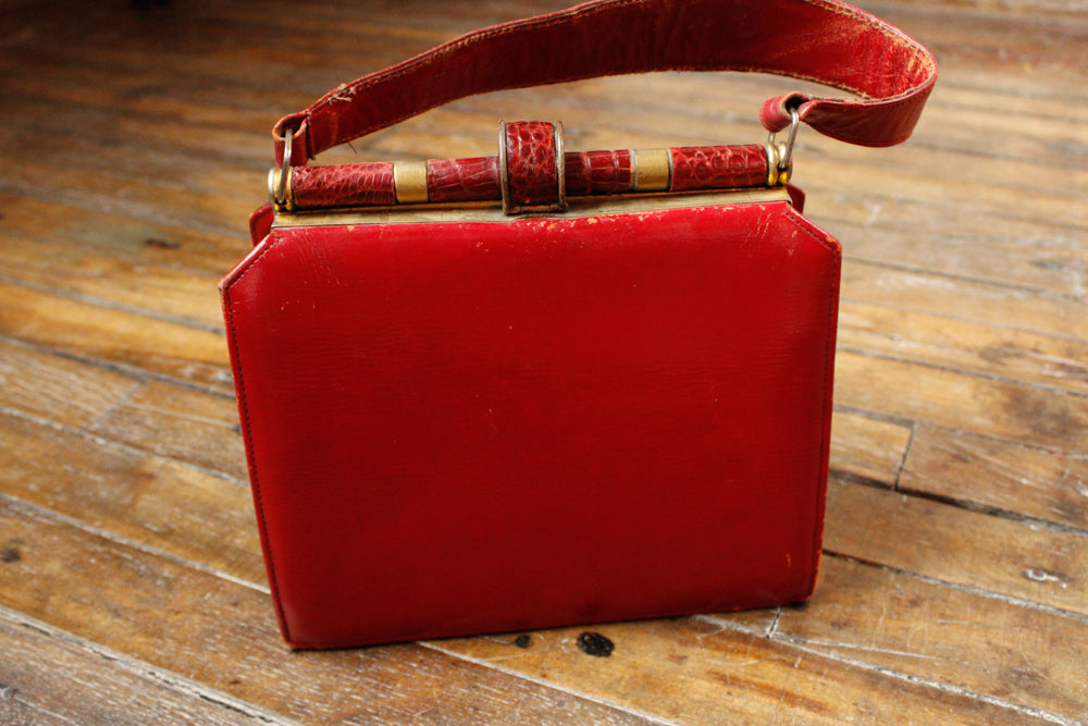 1940s Alligator & Leather Red Handbag