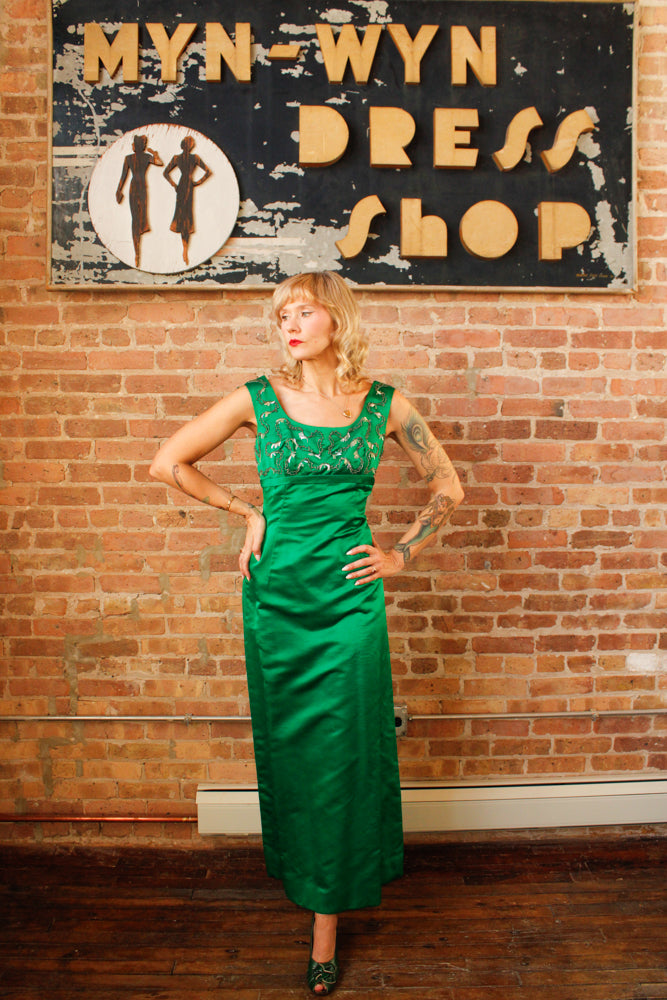 1960s Designer Ida Mae Emerald Silk Jeweled Gown - Small