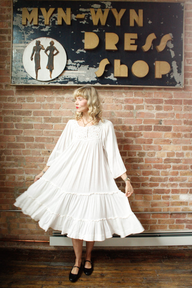 1980s Indian Gauze Cotton White Summer Dress - XLarge