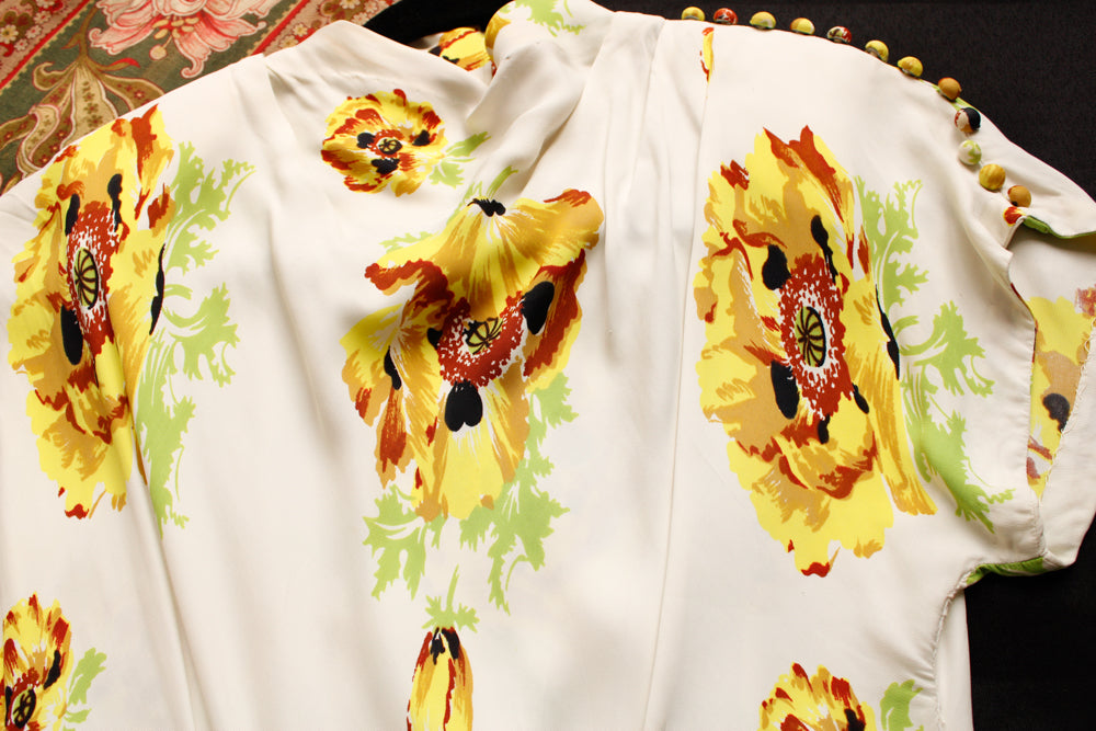 1940s Yellow Floral Rayon Gene Dress - Xsmall