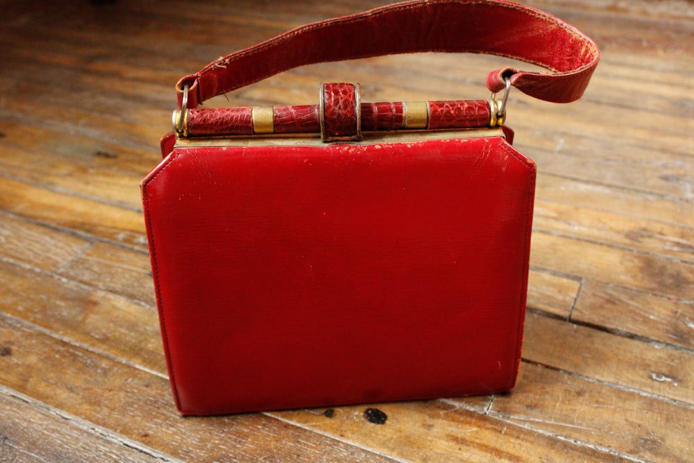 1940s Alligator & Leather Red Handbag