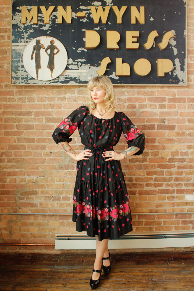 1950s Silk Floral Tiered Skirt Dress - Small