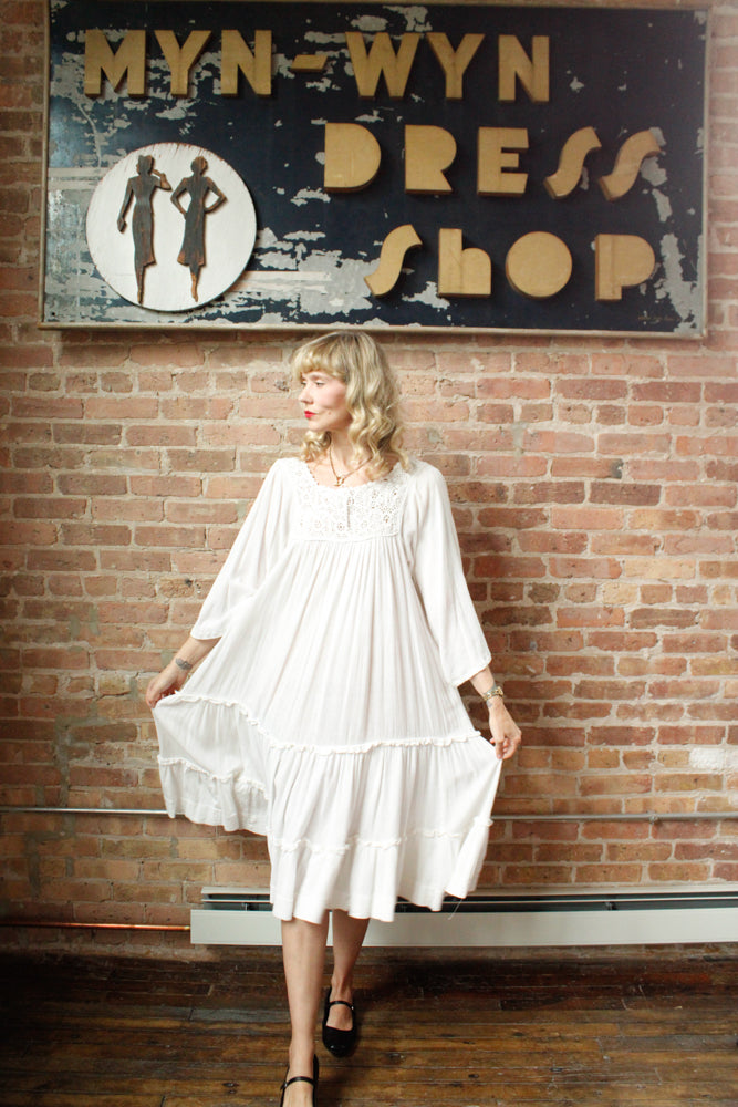 1980s Indian Gauze Cotton White Summer Dress - XLarge