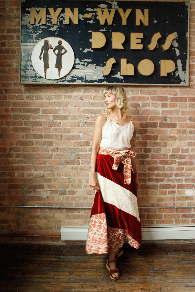 1970s Patchwork Velvet & Lace Floral Maxi Skirt - L/XL