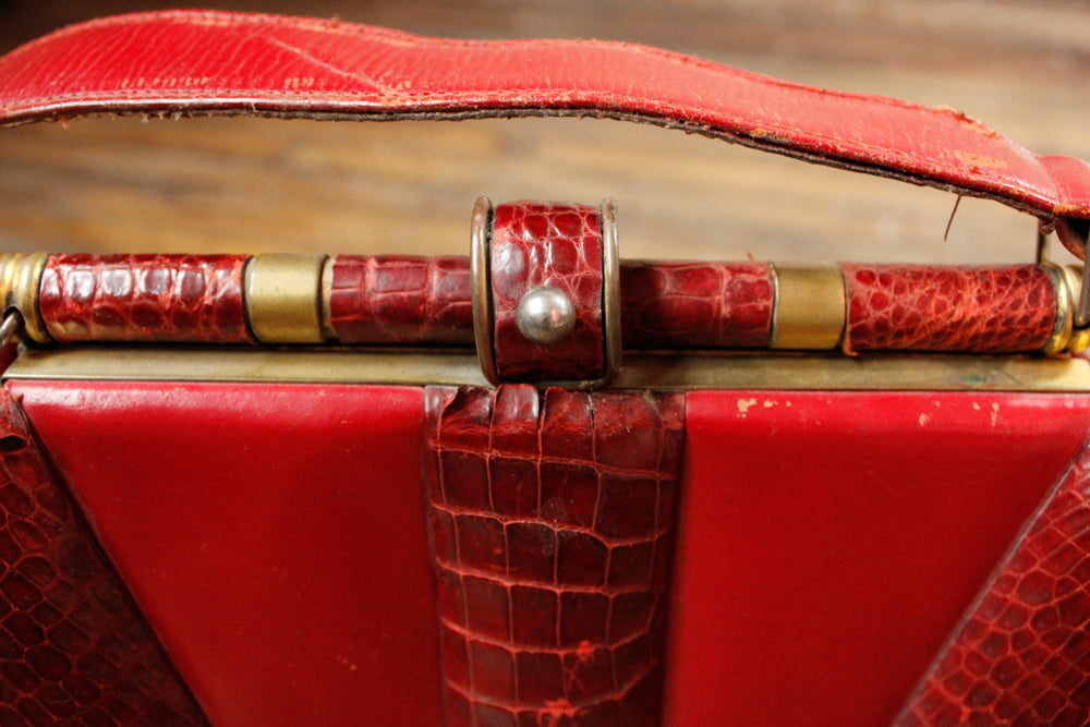 1940s Alligator & Leather Red Handbag