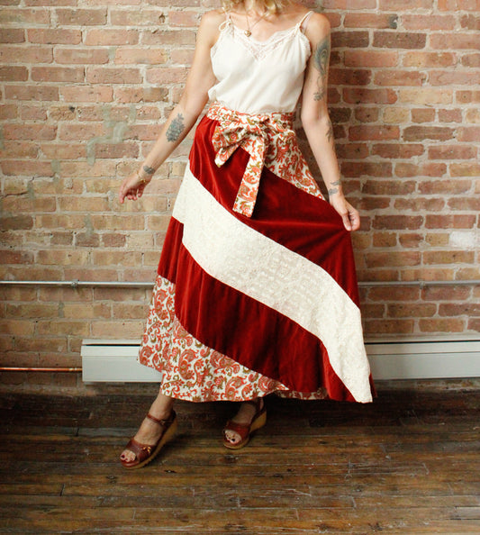 1970s Patchwork Velvet & Lace Floral Maxi Skirt - L/XL