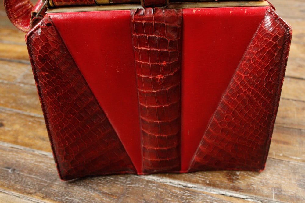 1940s Alligator & Leather Red Handbag