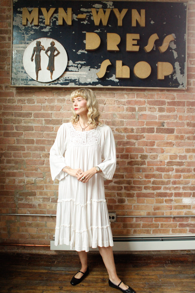 1980s Indian Gauze Cotton White Summer Dress - XLarge