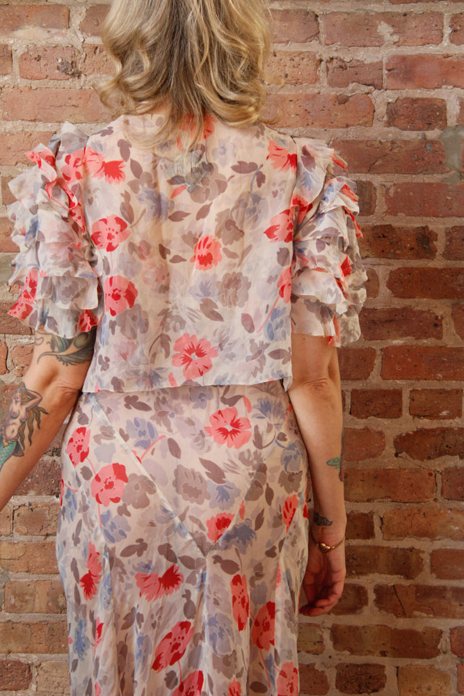 1930s Chiffon Floral Gown and Bolero - S/M