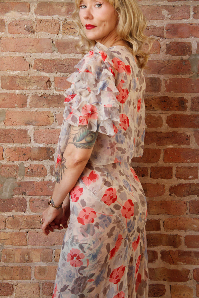 1930s Chiffon Floral Gown and Bolero - S/M