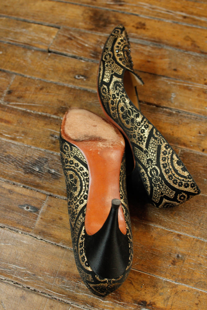 1950s Saks Fifth Ave Black & Gold Heels - 8.5N