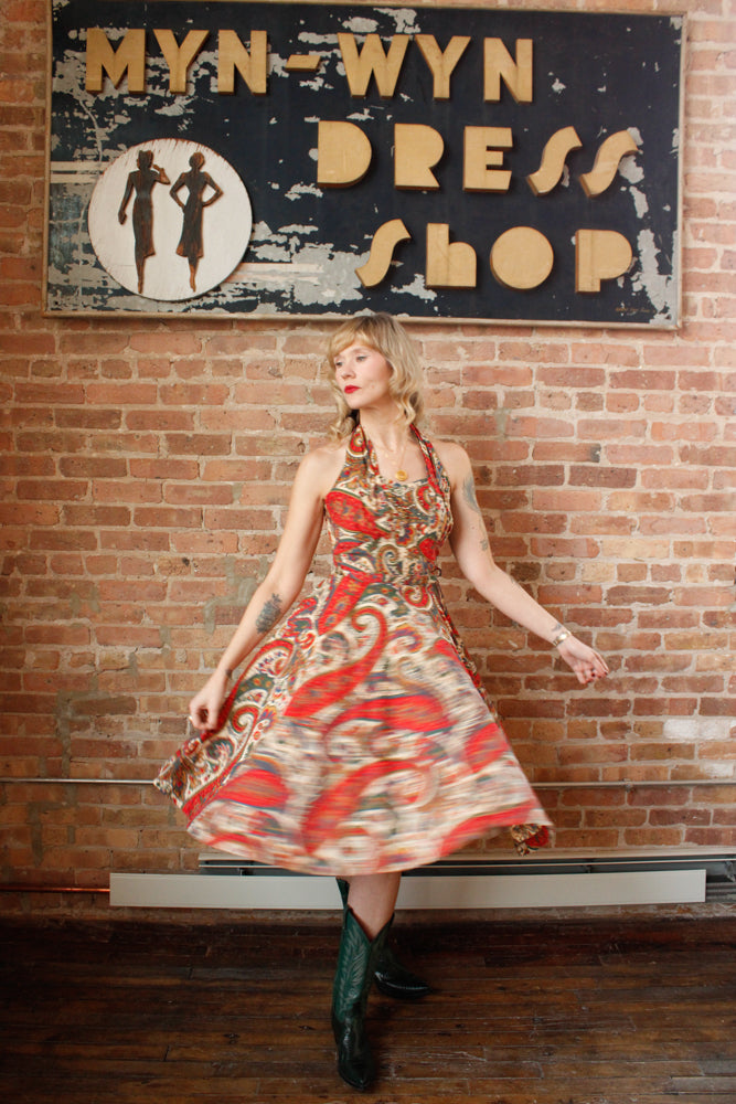 1950s Paisley Colorful Halter Dress - Small