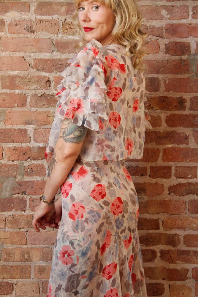1930s Chiffon Floral Gown and Bolero - S/M