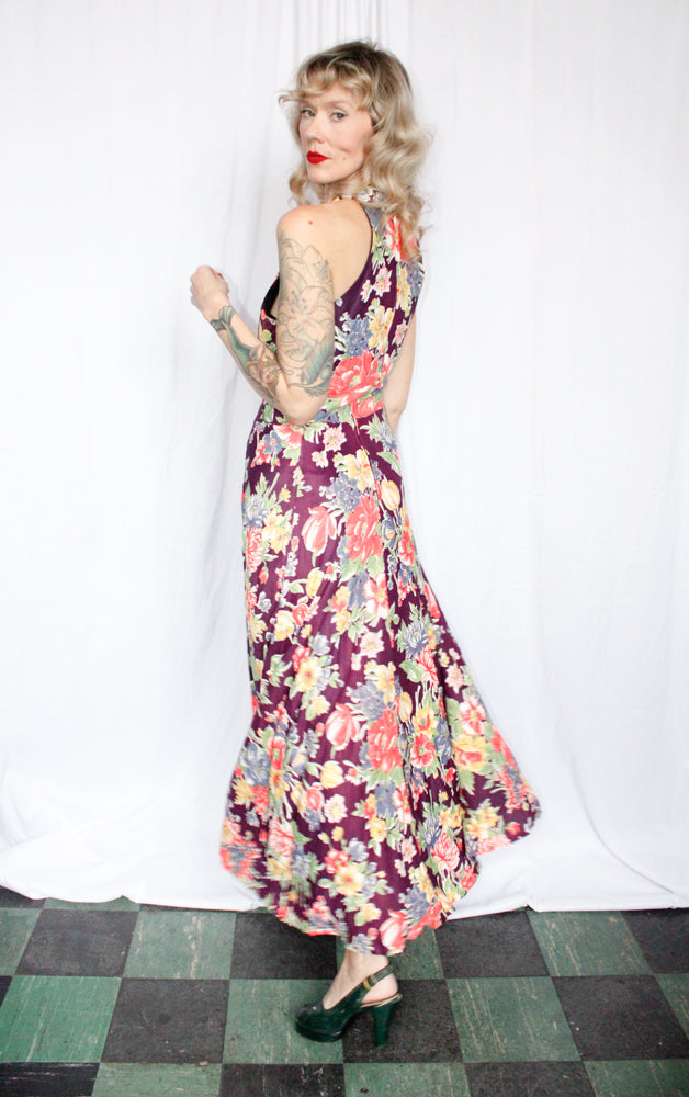 1960s does 1930s Bold Floral Maxi Gown - Medium 