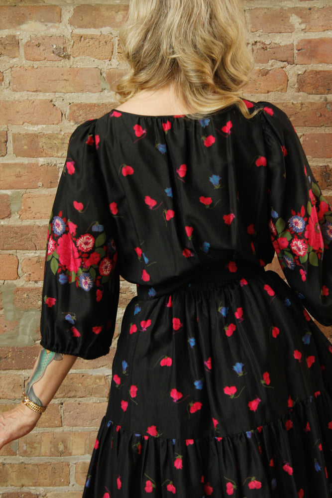 1950s Silk Floral Tiered Skirt Dress - Small