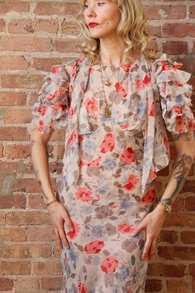 1930s Chiffon Floral Gown and Bolero - S/M