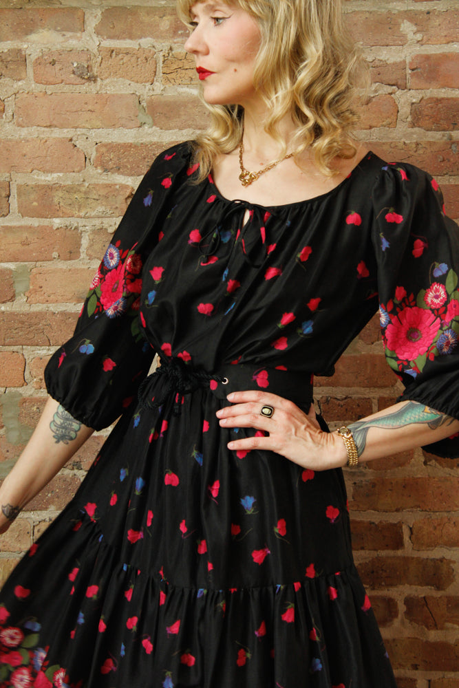 1950s Silk Floral Tiered Skirt Dress - Small