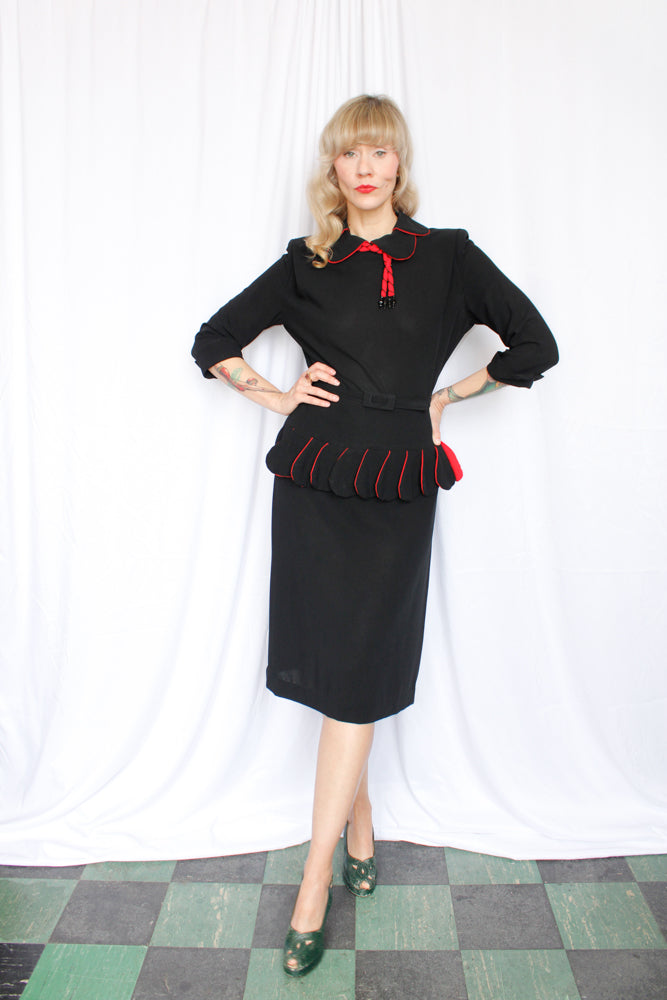 1940s Black & Red Vamp Peplum Dress - Medium