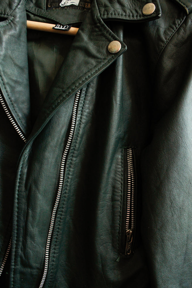 1990s Dark Green Leather Motorcycle Jacket - XS/S