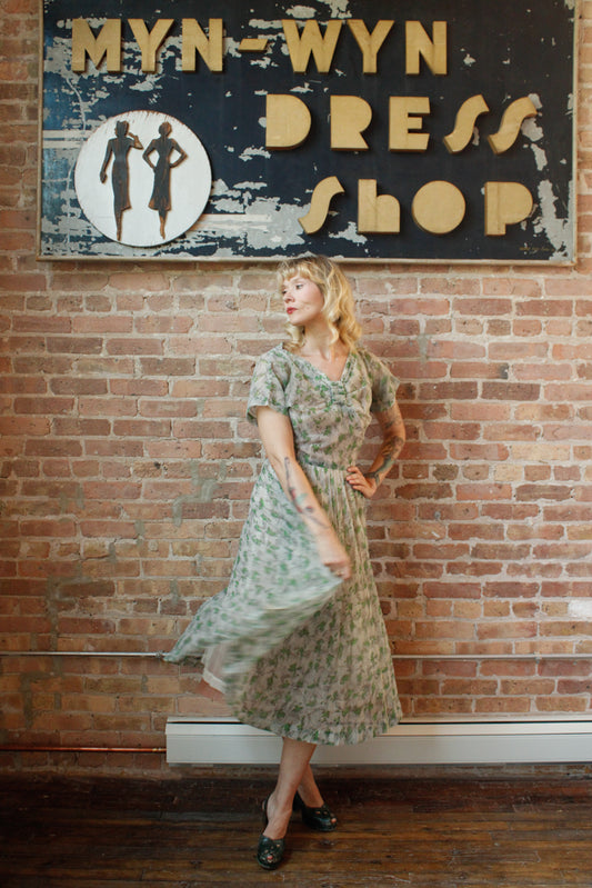 1950s Cirilo Green Floral Dress - Medium