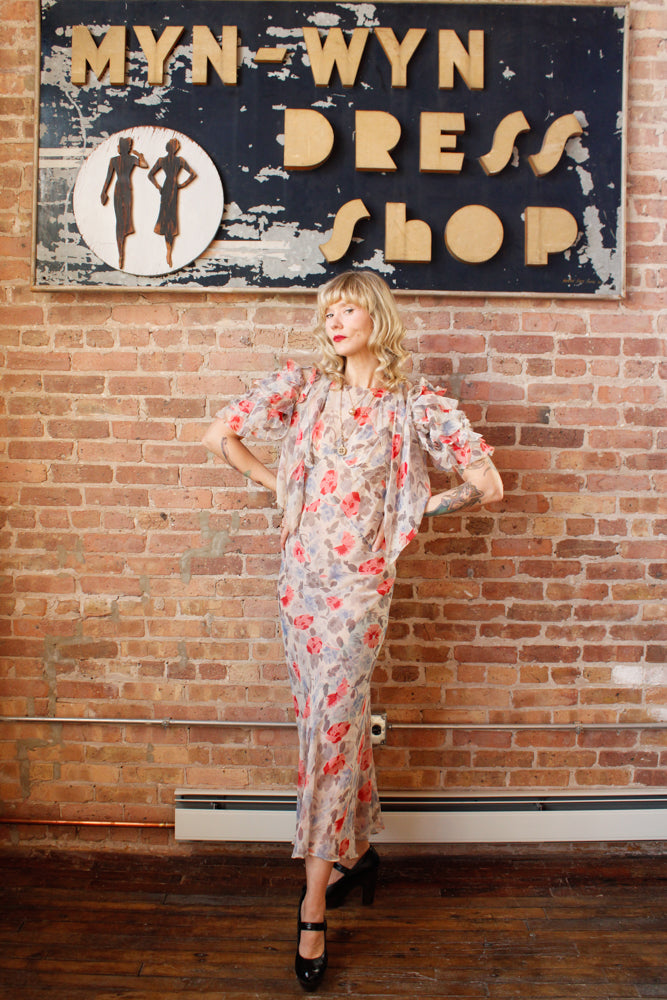 1930s Chiffon Floral Gown and Bolero - S/M