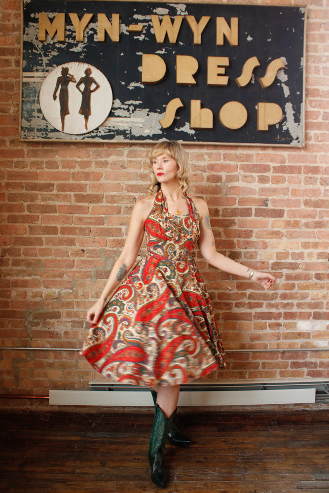 1950s Paisley Colorful Halter Dress - Small