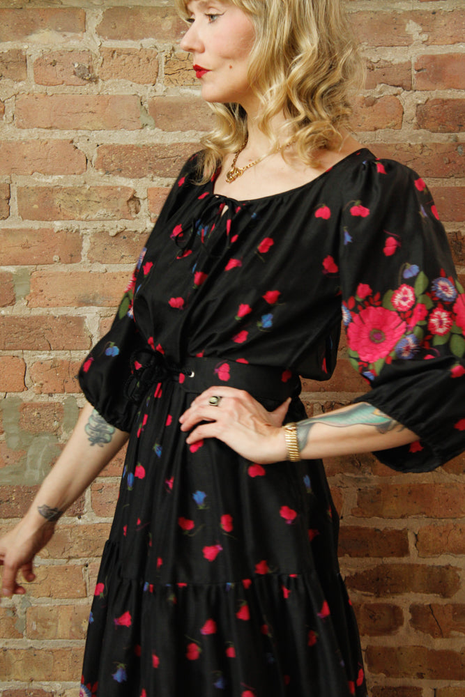 1950s Silk Floral Tiered Skirt Dress - Small
