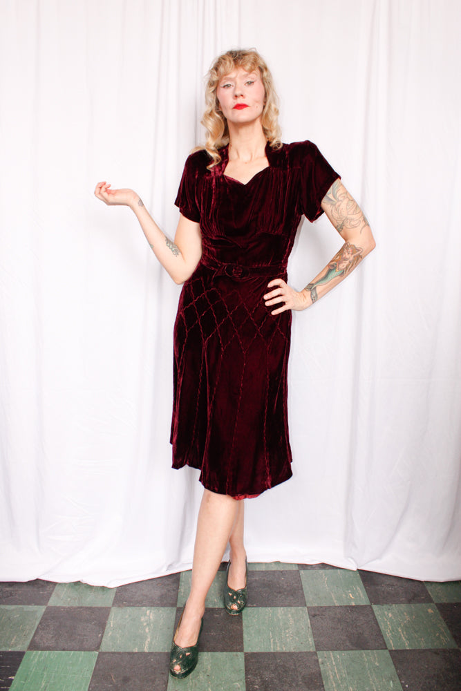 1930s Silk Velvet Bordeaux Dress w/belt - S/M