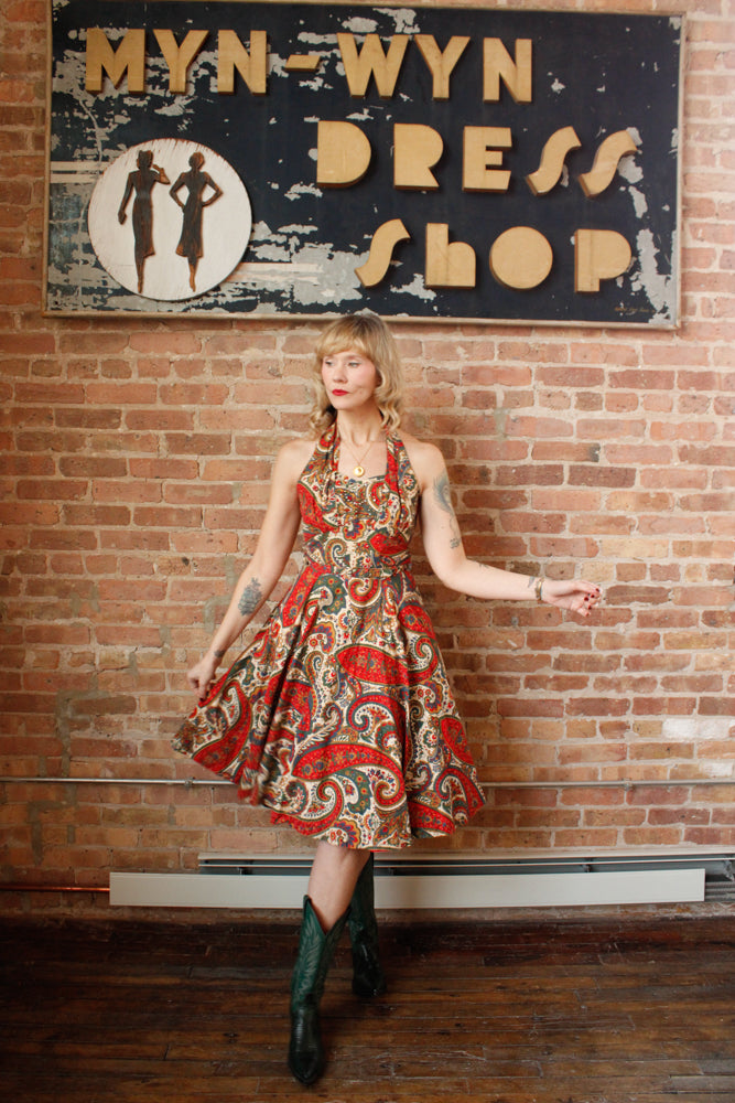 1950s Paisley Colorful Halter Dress - Small