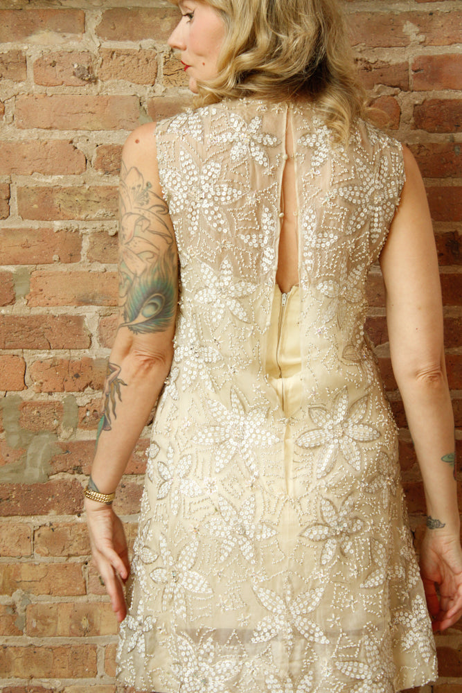 1960s Sequined and Beaded Star Flower Silk Mini Dress by Malcolm Starr - Xs/S