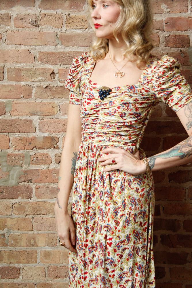 1930s Rayon Jersey Floral Gown with Bakelite clip - Xsmall