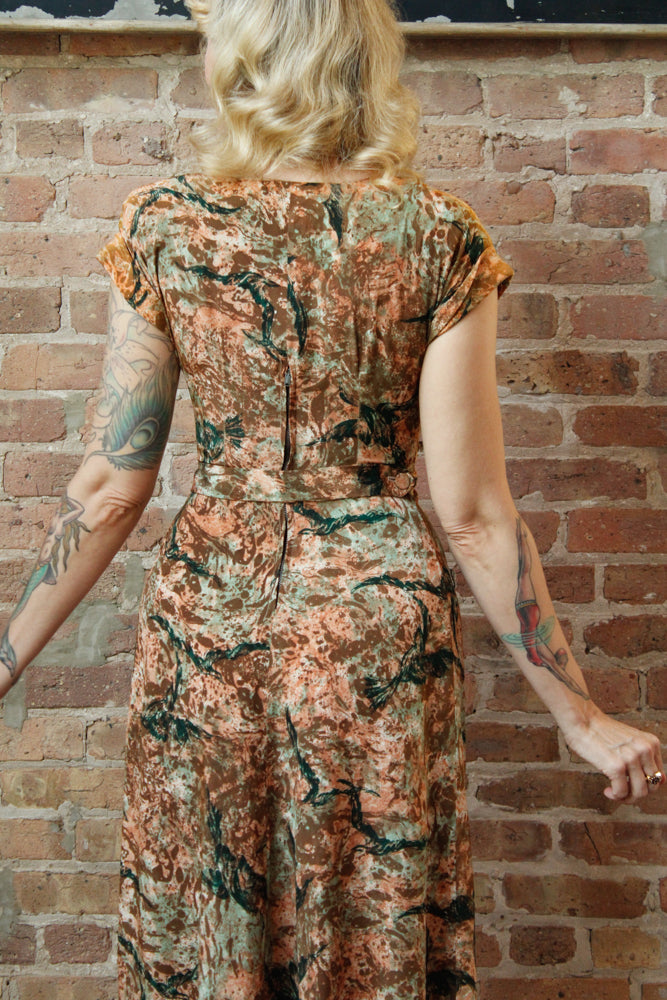 1940s Silk Birds of a Feather Dress - Small