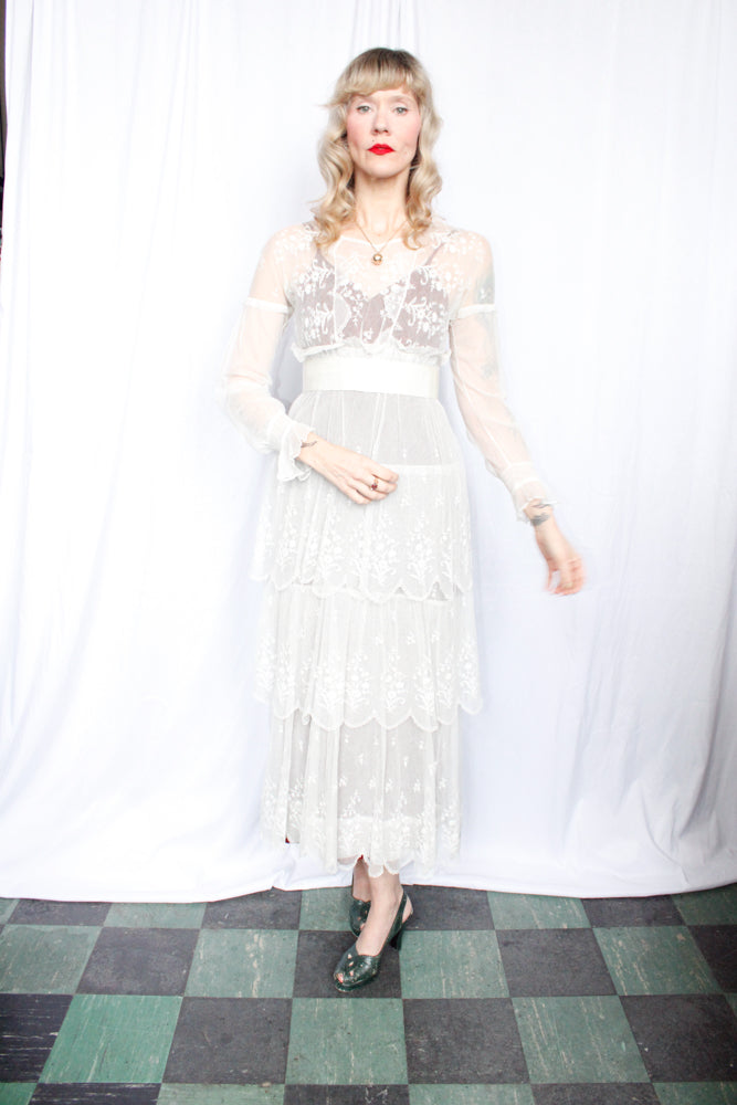 Edwardian Lace Tulle Tiered Sheer Wedding Dress - Small