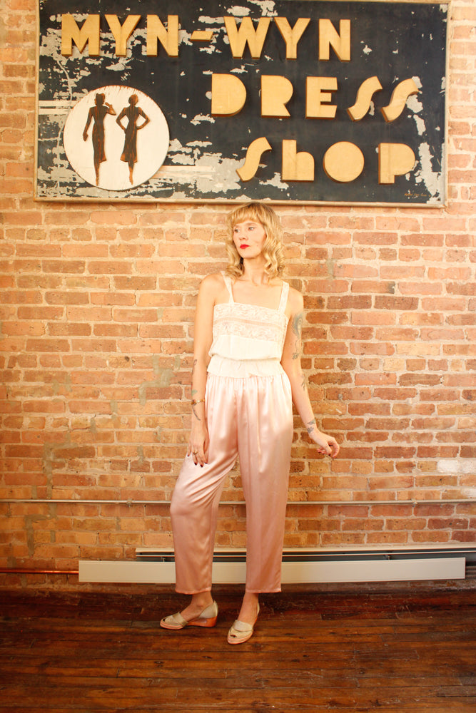 1940s Lace & Rayon Camisole Top - S/M & 1990s Pink Silk Pant with Elastic Waist - M/L
