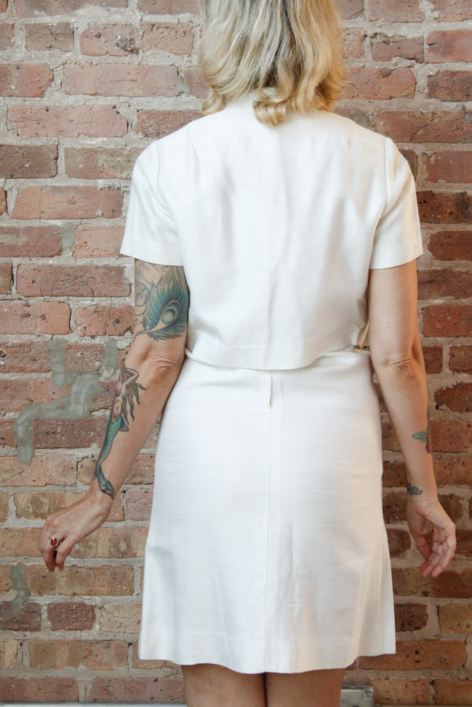 1960s Harlan White Silk Dress & Jacket - Small
