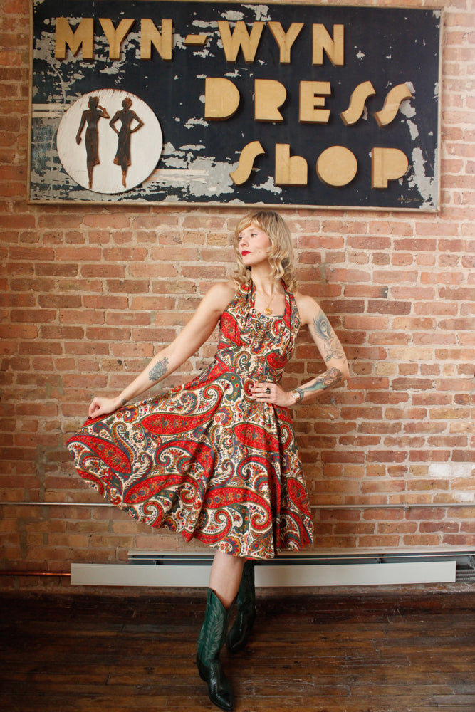 1950s Paisley Colorful Halter Dress - Small