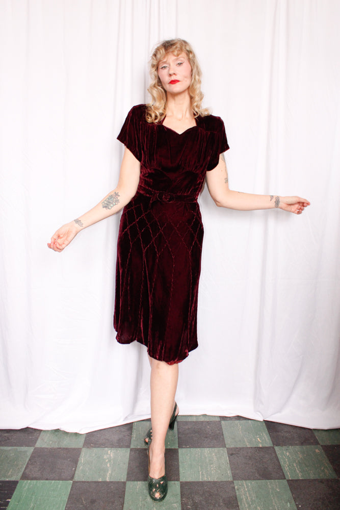 1930s Silk Velvet Bordeaux Dress w/belt - S/M