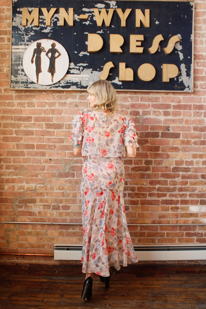 1930s Chiffon Floral Gown and Bolero - S/M