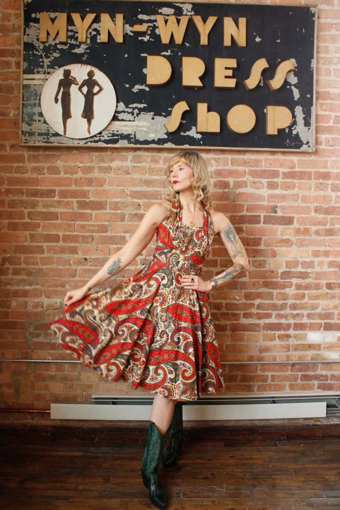 1950s Paisley Colorful Halter Dress - Small