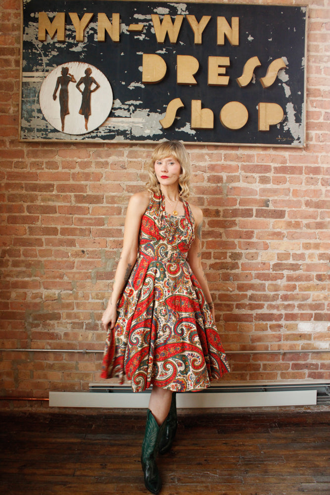 1950s Paisley Colorful Halter Dress - Small