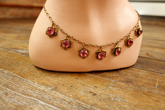 1940s Brass Floral Pink Jewel Necklace 