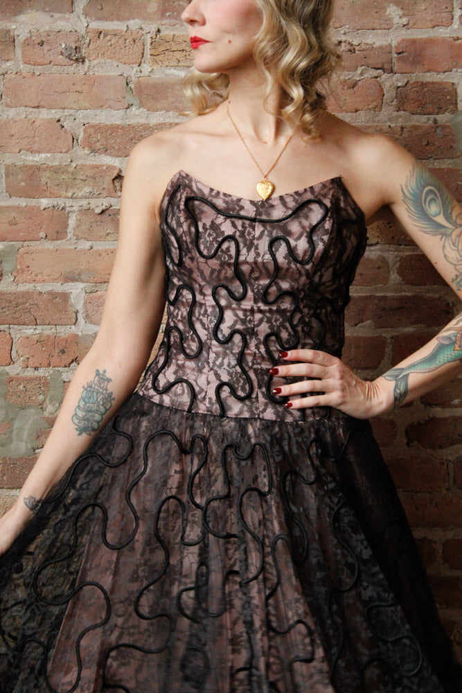 1950s Custom Lace & Taffeta Party Dress with Bolero - Small