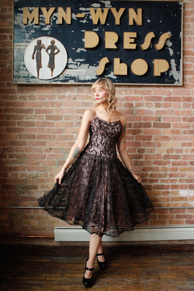 1950s Custom Lace & Taffeta Party Dress with Bolero - Small