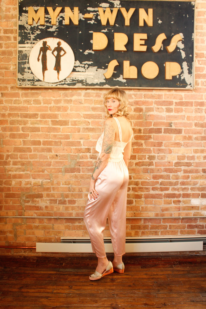 1940s Lace & Rayon Camisole Top - S/M & 1990s Pink Silk Pant with Elastic Waist - M/L
