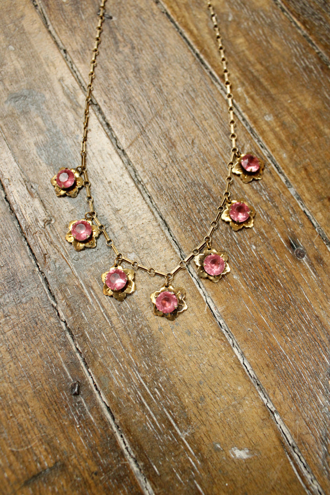 1940s Brass Floral Pink Jewel Necklace 