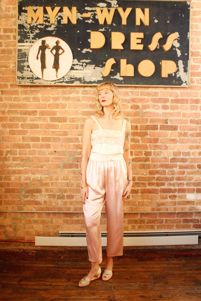 1940s Lace & Rayon Camisole Top - S/M & 1990s Pink Silk Pant with Elastic Waist - M/L